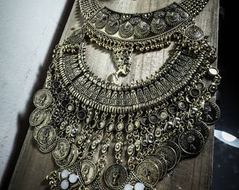 Boho chic Pharaoh gold bib necklace