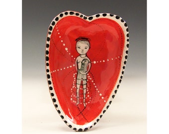 A Heart Bowl - Love Birds - Original One of a Kind Painting by Jenny Mendes in a Ceramic Pinched Heart Bowl