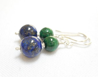 Lapis Lazuli and Malachite Earrings, Sterling Silver Genuine Gemstone Jewelry, Navy Blue and Emerald Green Stone Beaded Dangle Earrings