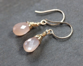 Peach Moonstone Earrings Gold Wire Wrapped Earrings Pink Gemstone Earrings Moonstone Jewelry