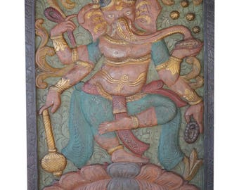 Resort Design Vintage Hand Carved Ganesha DANCING Door Panel, New Beginnings, Wall Sculpture Eclectic Decor