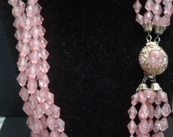 Pink Midcentury Multi-Strand Necklace with Decorative Clasp