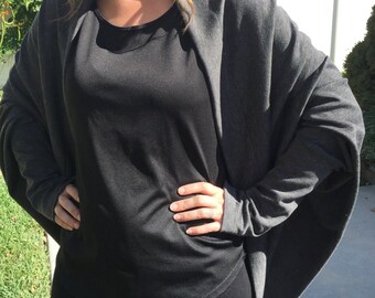 Ladies Teens Shrug Cocoon Sweater Cardigan Med weight Jersey Gray Heather with Black Pinstripe Soft Warm Handmade Onesize Fit Bat Wing Wrap