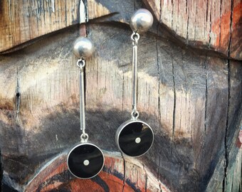 Vintage Mexican Jewelry Sterling Silver Earrings with Onyx, Dangle Earrings, Taxco Silver Jewelry, Vintage Jewelry, Vintage Earrings