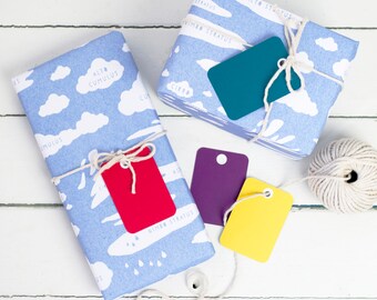 CLOUDS WRAPPING PAPER Educational Cloud Types Gift Wrap Set. Illustrated Sky Blue Kraft Sheets Matching Colourful Tags Birthday Party Unique