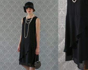 Elegant black flapper dress, with ruffled skirt detail, Great Gatsby dress, Roaring 20s dress, 1920s flapper dress, Charleston dress