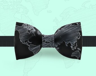 Map Bow Tie- Black Bowtie -Geography bowtie - travel bowtie - world traveler gift