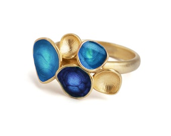 Blue gold ring, ocean blue jewelry, geometric ring, colorful jewelry, blue statement ring, enamel jewelry, bright blue ring