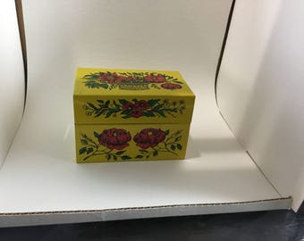 Vintage recipe box,yellow with red flowers