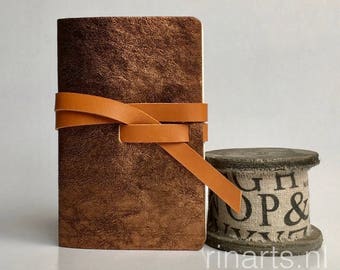Leather travel journal / sketch book / leather notebook in bronze metallic leather and honey coloured strap. Personalized gift