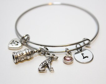 dalmation bangle, dalmation bracelet, dalmatian jewelry, dalmatian charm bracelet, dalmatian initial bracelet, dalmatian gift,dog lover gift