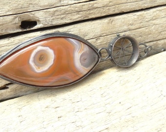 Large Banded Red Agate Marquise Copper Pendant Necklace Rustic Artisan Earthy Boho Gift For Her One Of A Kind