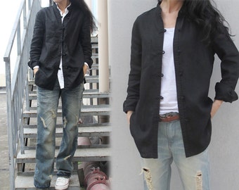 214---Women's Stand Collar Black Linen Shirt, Black Chinese Linen Jacket, Cheongsam, Made to measure.