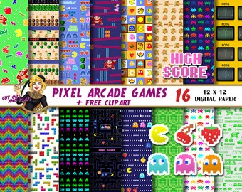 Arcade Games digital paper, pacman clipart, arcade party, gamer, pixel, tetris, zelda, space invaders, donkey kong, Scrapbook