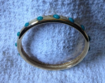 J. Crew Gold Tone Bangle with Green/Blue Beaded Embellishments, Gold Tone Bangle Bracelet