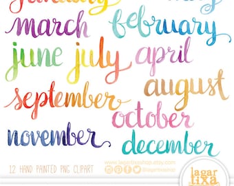 Months of the Year Watercolor Hand painted Lettering png clipart for calendars, words, quotes, for invitations, birthday, cursive