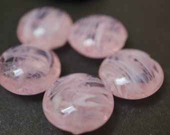 Creamy Soft Rose Pink Round Flat Lampwork Beads with White Swirls 20mm - 4 pcs