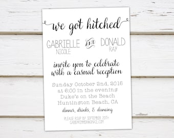 Printable Elopement Reception Invitation, Black and White, We Got Hitched, Tied the Knot, Simple, Funny, Reception Only, Casual, MB029