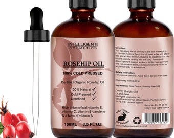 Rosehip Oil 100% Cold Pressed Pure Certified Organic Oil 100ml Best Known Facial Oil with Vitamin E, Vitamin C, B-carotene and More