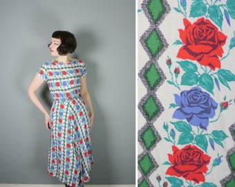 HILLORA 40s 50s ROSE print dress with belt - ROMANTIC summery floral Goodwood 1940s tea / day dress - S