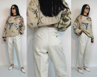 Off White Twill Trousers / 28 x 27 Pants / Vintage 80s Off White Cotton Twill Pants / Pleated Tapered Trousers / Baggy Trousers