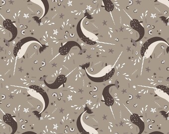 Fish Fabric, Narwhal Fabric: Camelot Snow Fall Narwhal in Light Taupe Gray 100% cotton fabric by the yard (CA716)
