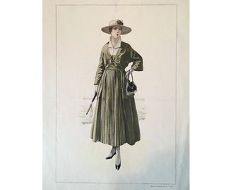 1916 ANTIQUE FRENCH FASHION lithograph - original antique print - fashion illustration design fashion designer - green summer dress