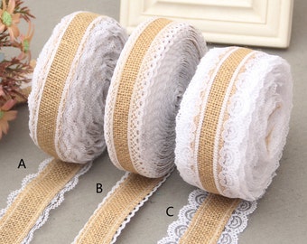 Burlap Lace Ribbon ,Wedding Deco trimming sold by yard,Natural Burlap Ribbon with off white Lace in both sides