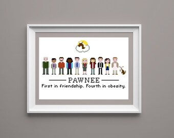 PATTERN*** Parks and Recreation character cross stitch pattern, Leslie Knope, Ron Swanson, Andy Dwyer, Tom Haverford, Ann Perkins +more