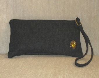 Dark Wash denim wristlet with vintage amber cabuchon