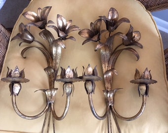 Pr Vintage Italian Tole Gold Gilt Lily Sconces/candelabra/candle holders/wall art/1950's