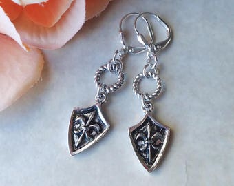 Fleur De Lis Dangle Earrings.Metal Earrings.Silver.Shield.Infinity Circle.Paris.Modern.Delicate.Dainty.Bridal.French.Valentine. Handmade.