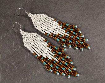 Long beaded earrings, Seed beads earrings, boho style, Native American style, White earrings, Beaded Earrings, White and brown, Gift for her
