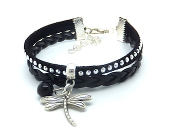 Black Dragonfly Cuff Bracelet, rhinestone and silver.