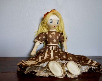 Antique Vintage Satin Rag Doll With Blonde Hair And Polka Dot Dress / Felt Shoes / Vintage Rag Dolls / Old Dollies / Toys / Elegant / Baby