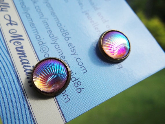 Pale Pink AB Clamshell Stud Earrings Studs Mermaid Tiny Little Clam Shell Seashell Tail Scale Scales Iridescent Earring Aura Aurora Borealis