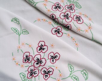 Vintage Linen Square Tablecloth With Hand Embroidered Pansies. English White Tablecloth With Pink Flowers. Perfect For A Afternoon Tea Party