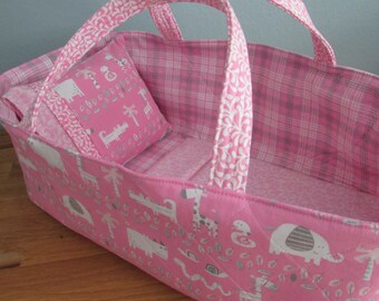 Doll Carrier, Will Fit Bitty Baby and Stella Dolls, Pink Animals, Pink Lining, 16 Inches Long, Doll Basket