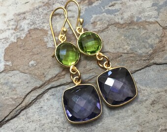 Long Purple and Green Quartz Earrings, Quartz Earrings, Elegant Earrings, 2 inch.