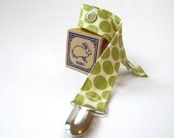 Green and Cream Pacifier Clip - Amy Butler - Full Moon Polka Dots in Lime - Lotus Collection by Amy Butler