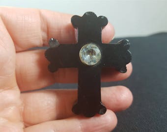 Antique Black and Rhinestone Crucifix Cross