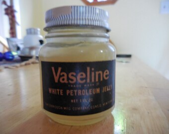 Vintage 1950s to 1960s Embossed Bottom Glass Vaseline Jar with Blue Lid Chesebrough Bathroom Decor