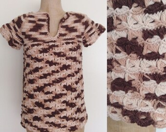 1970's Brown Knit Sweater Top Vintage Granny Chic Shirt Size Small by Maeberry Vintage