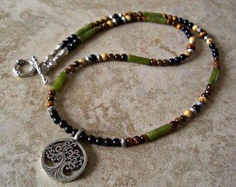Tree of Life Pewter Pendant, Black Onyx,Tiger Eye, Moss Agate, Picture Jasper,Silver Accents Men's Necklace,Men's gift, Gift for him