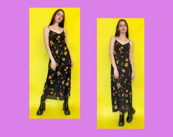 Vintage 90s Black Floral Print Spaghetti Strap Long Maxi Dress