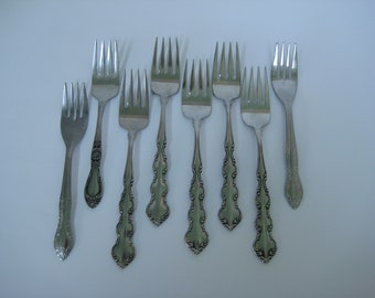 Vintage Flatware, Mismatched Salad Forks, Stainless Steel, Set of 8, Silverware, Vintage Home, Reclaimed Vintage