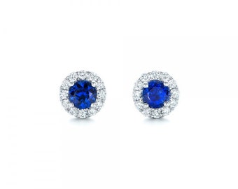 Blue sapphire Diamond Earrings-Halo sapphire earrings-White Gold Earring-anniversary present-Women Jewelry-Stud Earrings-For her-Birthstone