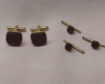 20% OFF SALE Vintage 1940's Hickok Cuff Link Stud Set 5 Pc Deep Red Glass in Gold Metal #B1140