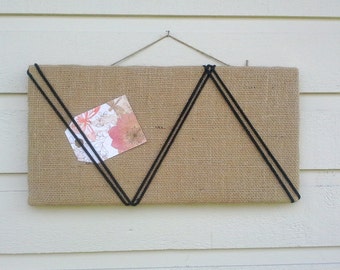Bulletin Board burlap with an accent of black macrame cord, memo board for your office, bedroom or kitchen, chevron pattern, modern design
