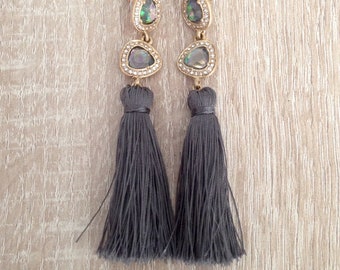 Grey fringe and rhinestone earrings